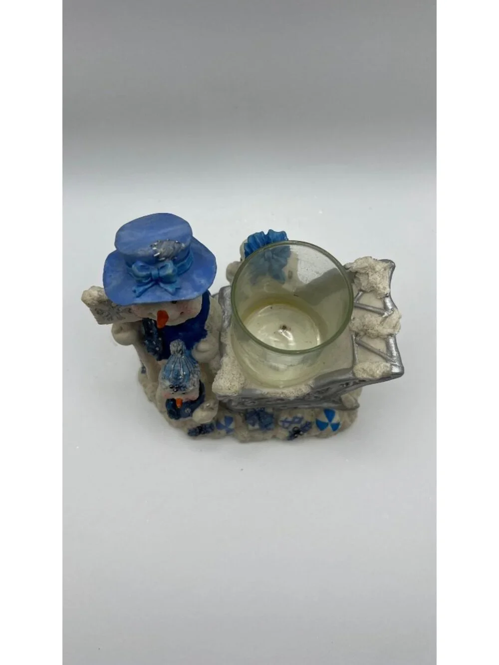 Frosty Snowman Blue & White Candle Holder Figurine Winter Decor